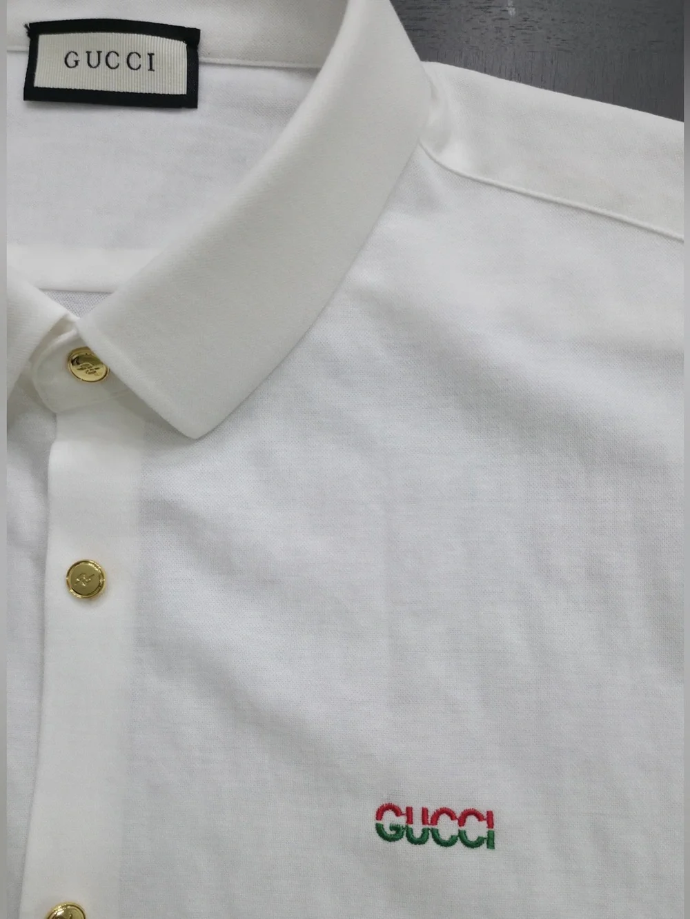 Gucci White Short Sleeve Button-Down Shirt with Gold Buttons and Logo